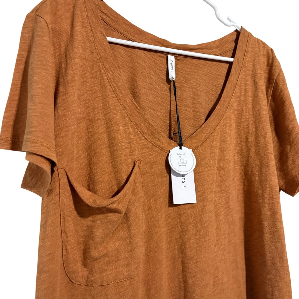 Z Supply Womens Slub Knit Pocket Tee V-Neck Burnt Orange Rust T-Shirt Large NEW